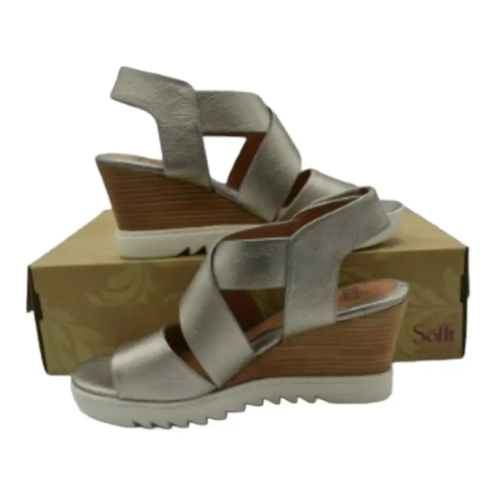 Sofft Womens Size 10 Uxley Grey Gold Metallic Leather‎ Wedge Sandals Shoes New